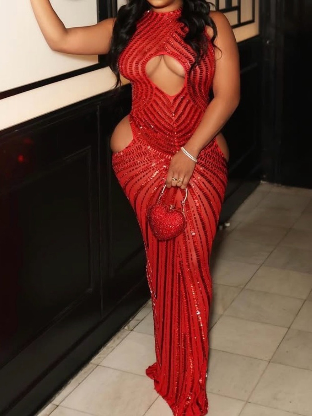 Red Sequin Backless Cutout Evening Dress - Women Dresses